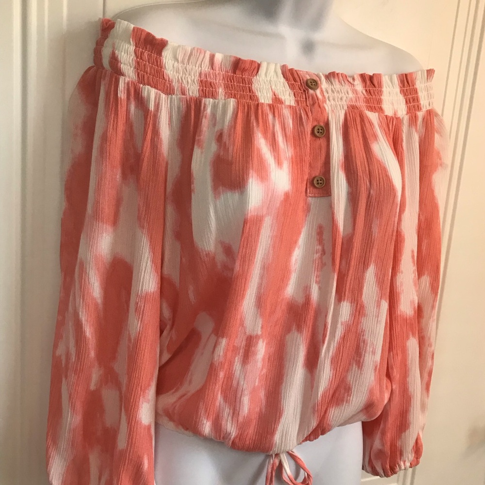 🔴 4/$15 Boutique coral & white tie dye crepey off-shoulder blouson top sz S NWT - Picture 4 of 15